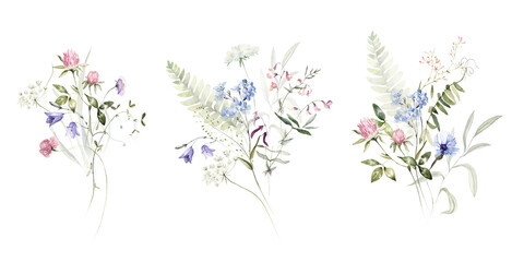 Obraz na płótnie Canvas Wild field herbs flowers plants. Watercolor bouquet collection - illustration with green leaves, branches and colorful buds. Wedding stationery, wallpapers, fashion, backgrounds, prints. Wildflowers.