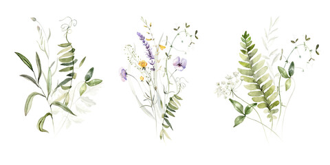 Fototapeta na wymiar Wild field herbs flowers plants. Watercolor bouquet collection - illustration with green leaves, branches and colorful buds. Wedding stationery, wallpapers, fashion, backgrounds, prints. Wildflowers.