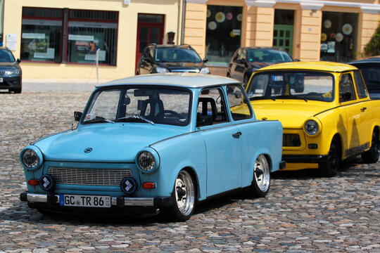 Glauchau, Germany - May 26, 2023: Old Trabant 601 cars on Market Square of Glauchau.