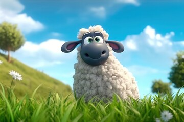 Fototapeta premium A sheep stands in the middle of a beautiful garden.