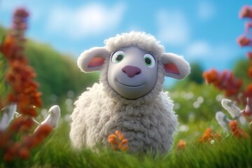 A sheep stands in the middle of a beautiful garden.
