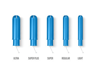 Vector 3d Realistic Blue Menstrual Hygiene Cutton Tampon with Applicator in Plastic Tube Icon Set Isolated in Different Sizes. Feminine Hygiene Design Template. Concept of Womens Health, Hygiene