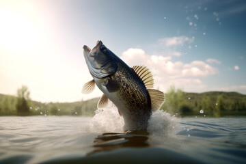 close up of a bass jumping out of the water - obrazy, fototapety, plakaty