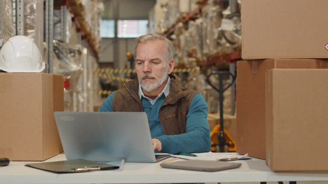 Waist up of mature Caucasian male warehouse manager sitting at desk and working on laptop doing inventory of goods during shift
