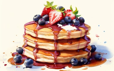 Tasty Breakfast: Pancakes with Maple Syrup, Fresh Strawberries and Blueberries. AI generate