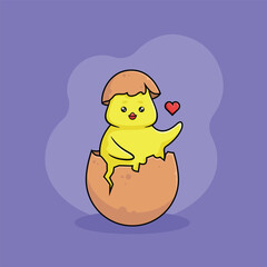 Illustration of cheerful chick character in egg. Vector cartoon.