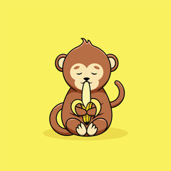Cute monkey character eating banana. Vector cartoon.