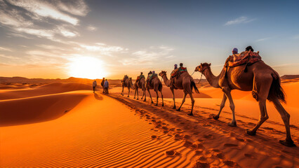 Camels in the Sahara desert, Morocco, Africa. generative ai - obrazy, fototapety, plakaty
