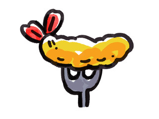 フォークに刺さったエビフライ　キャラクター　デフォルメ