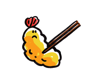 箸につままれるエビフライ　水彩風　シュールなキャラクター