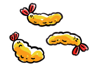 水彩風エビフライのイラストセット シュールなキャラクター