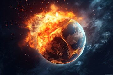 Global warming concept, Earth in flames with smoke.