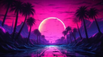 A surreal landscape with pink moon and majestic mountains. Generative ai