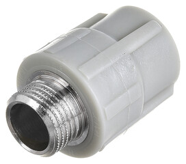 clamping fittings of metal-plastic pipes on a white background chrome, bronze and plastic