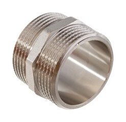 clamping fittings of metal-plastic pipes on a white background chrome, bronze and plastic
