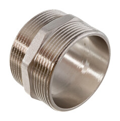 clamping fittings of metal-plastic pipes on a white background chrome, bronze and plastic