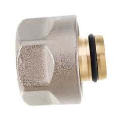 clamping fittings of metal-plastic pipes on a white background chrome, bronze and plastic
