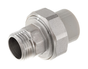 clamping fittings of metal-plastic pipes on a white background chrome, bronze and plastic
