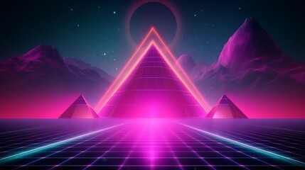 A neon-lit pyramid structure glowing in the night. Generative ai