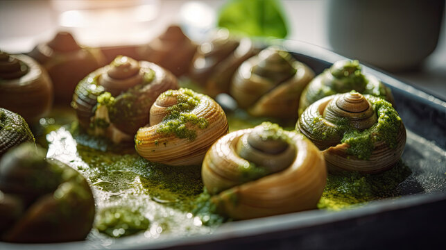 "Escargots de Bourgogne" - baked snails with garlic, butter and basil. French traditional food. Top view. Generative AI.