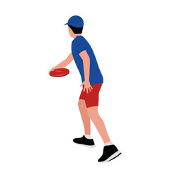 Boy goes in for sports, playing with the disc. Outdoor sports activities. Sportsman throwing flying disc. Flat vector illustration