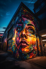 Vibrant colors and patterns of urban street art in a bustling cityscape at dusk with a wide-angle lens during the golden hour
