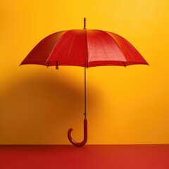 concept photo, red Umbrella on yellow background. Generative AI