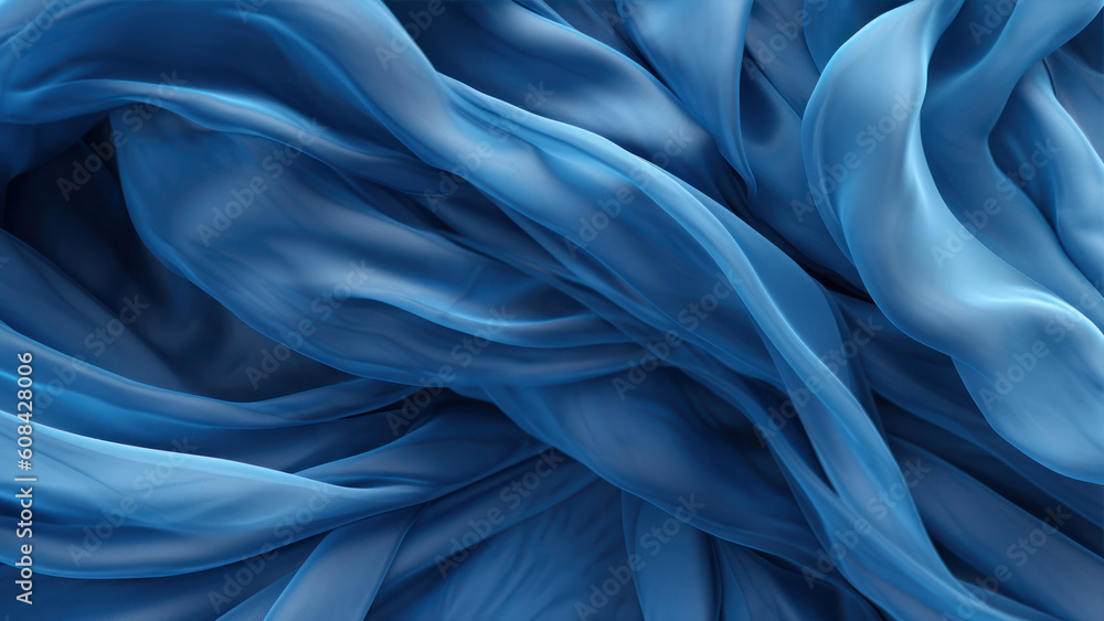 Poster abstract background of blue wavy silk or satin. 3d rendering image. generative ai