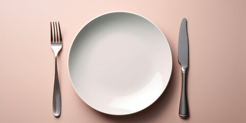 Top view of an empty white plate with cutlery isolated on a flat pastel beige background. Mockup of an empty food plate, above, banner template, text space. Generative AI professional photo imitation.