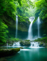 Serene and breathtaking landscape of a secluded waterfall nestled in a lush forest.