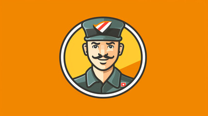 Fototapeta premium A round logo depicting a man with a mustache in a work uniform on an orange background, generated by AI
