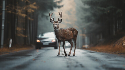 an adult deer on a wet road in front of a car in an autumn forest