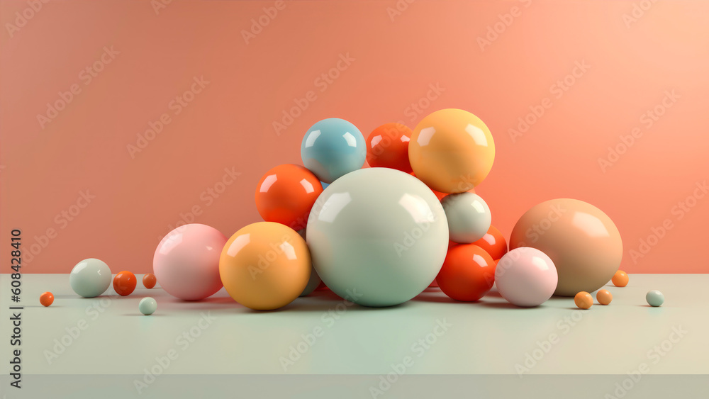 Poster 3d render of colorful balls on the table. Abstract background. generative ai