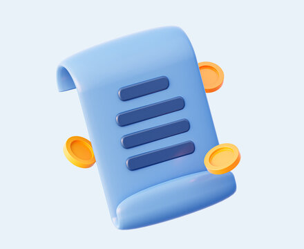 Paper Bill Of Transaction Receipt Payment Icons With Coins. In Cartoon Style. 3d Rendering Illustration.