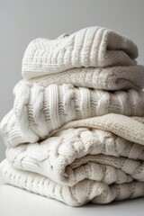 a stack of folded light knitted sweaters on a light background. Generative AI