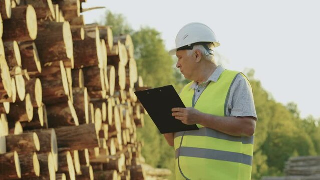 Logging engineer with with paper tablet in his hands next to sawn logs. Slow motion - Powered by Adobe