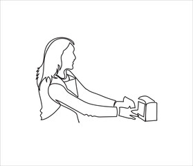 A woman cashier scanning grocery items at a supermarket shopping mall, continues line drawing vector illustration 
