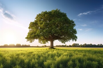 Tree in green field, Beautiful Spring Landscape under Blue Sky with white clouds