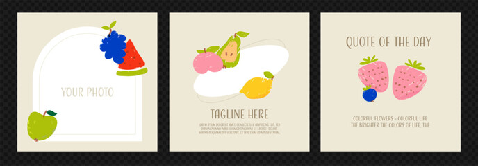 Pack of 3 IG templates in minimalist style on a transparent background. Templates for posts with vector illustrations of cute fruit. Quote of the day and photo frames