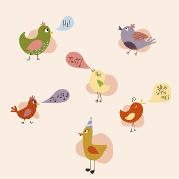 set of vector birds with text. cartoon illustration in childish style on beige background.