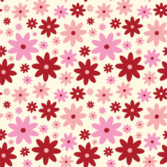 Stylized creative vibrant quirky Retro floral pattern in 60s in bright pink and red juicy colors