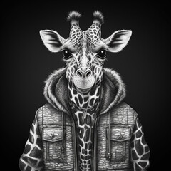 Retrato de jirafa con suéter y chaleco en blanco y negro hecho con IA generativa