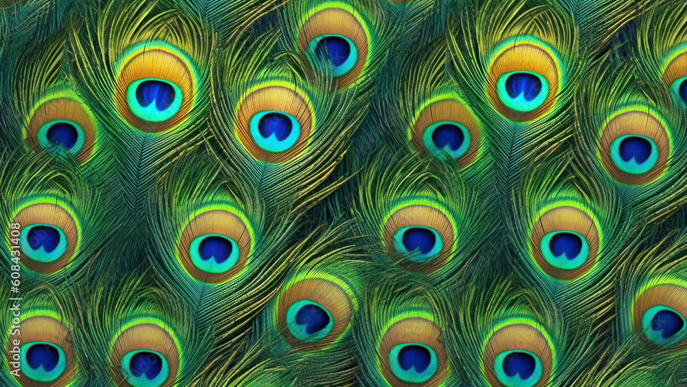Poster peacock feathers background. seamless pattern with peacock feathers. generative ai