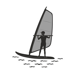 Fototapeta premium Silhouette of a girl or woman in a baseball cap on a windsurfing board with a sail on the waves on a white isolated square background. A man on a plank with a sail. Sports. Vector illustration.