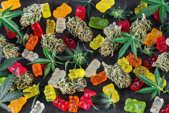 Medical CBD candies.Cannabis infused gummy bears.Cannabis edibles, medical marijuana,Candies Infused with CBD or THC,Alternative medicine.