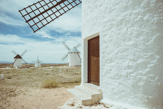 Traditional whitewashed windmills, Don Quixote's Windmills (Molinos de Viento de Consuegra) Consuegra, Toledo, Castilla la Mancha, Spain