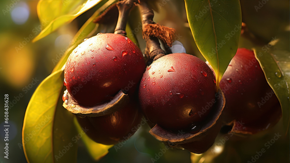 Poster mangosteen fruits on the tree with rain drop on it generative ai