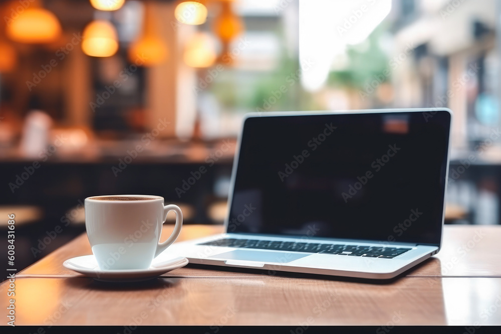 Poster laptop with a blank screen with cup beside it, placed on a table with a bokeh style background. gene