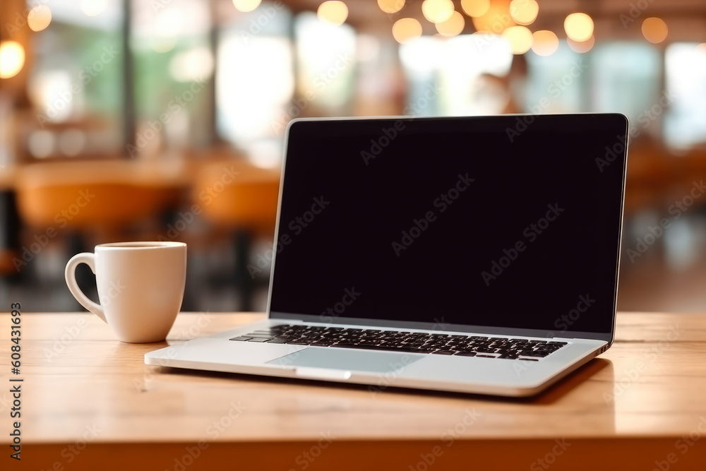 Poster laptop with a blank screen with cup beside it, placed on a table with a bokeh style background. gene