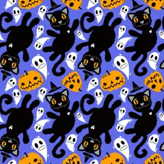 Fotobehang Halloween cartoon black cats seamless animals fluffy monsters pattern for wrapping paper and fabrics and linens © Tetiana